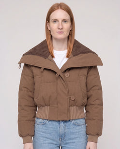 Short Puffer Jacket with Knit Collar and Buttons