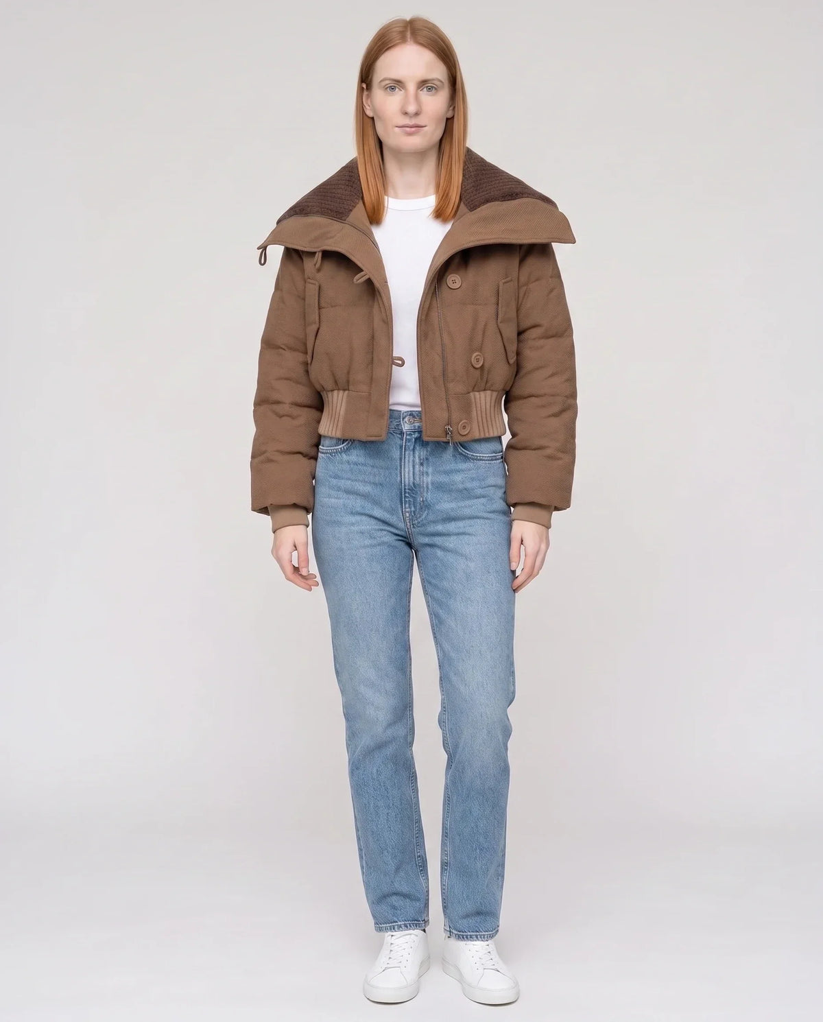 Short Puffer Jacket with Knit Collar and Buttons