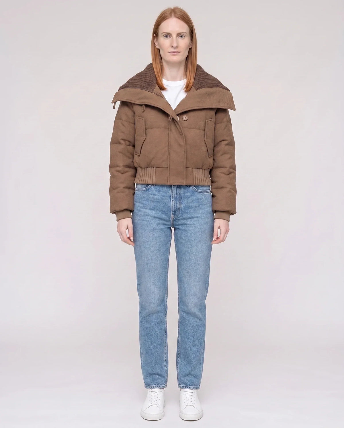 Short Puffer Jacket with Knit Collar and Buttons
