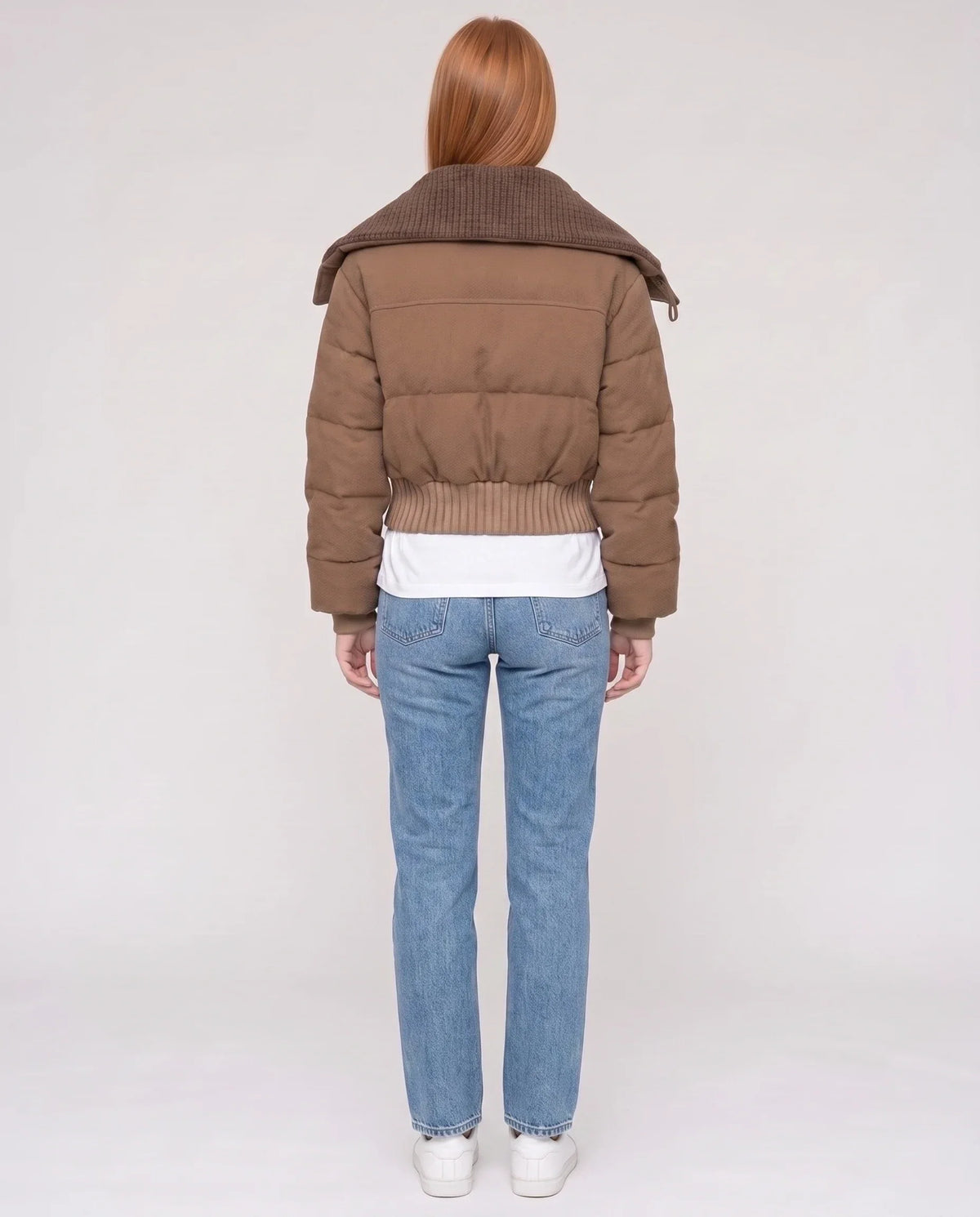 Short Puffer Jacket with Knit Collar and Buttons