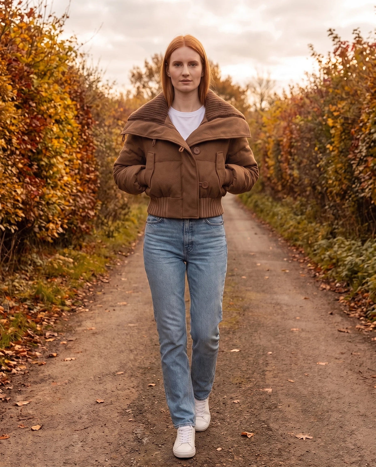 Short Puffer Jacket with Knit Collar and Buttons