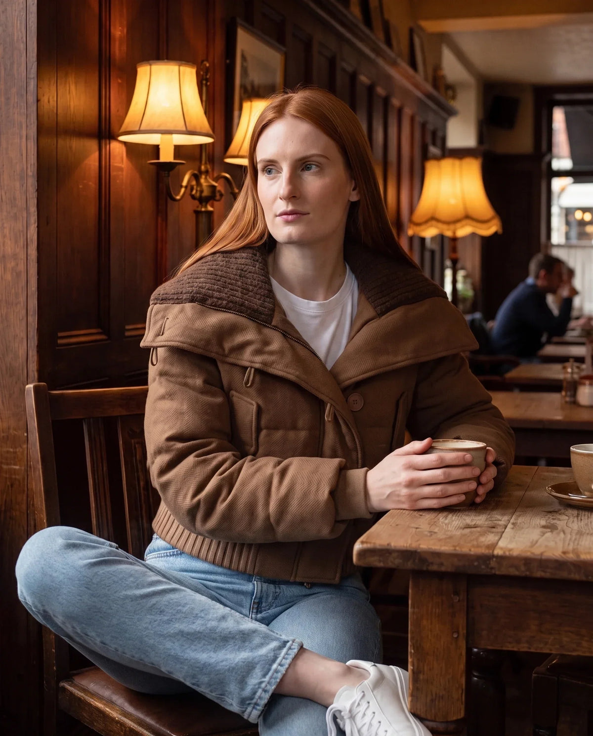 Short Puffer Jacket with Knit Collar and Buttons