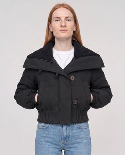 Short Puffer Jacket with Knit Collar and Buttons