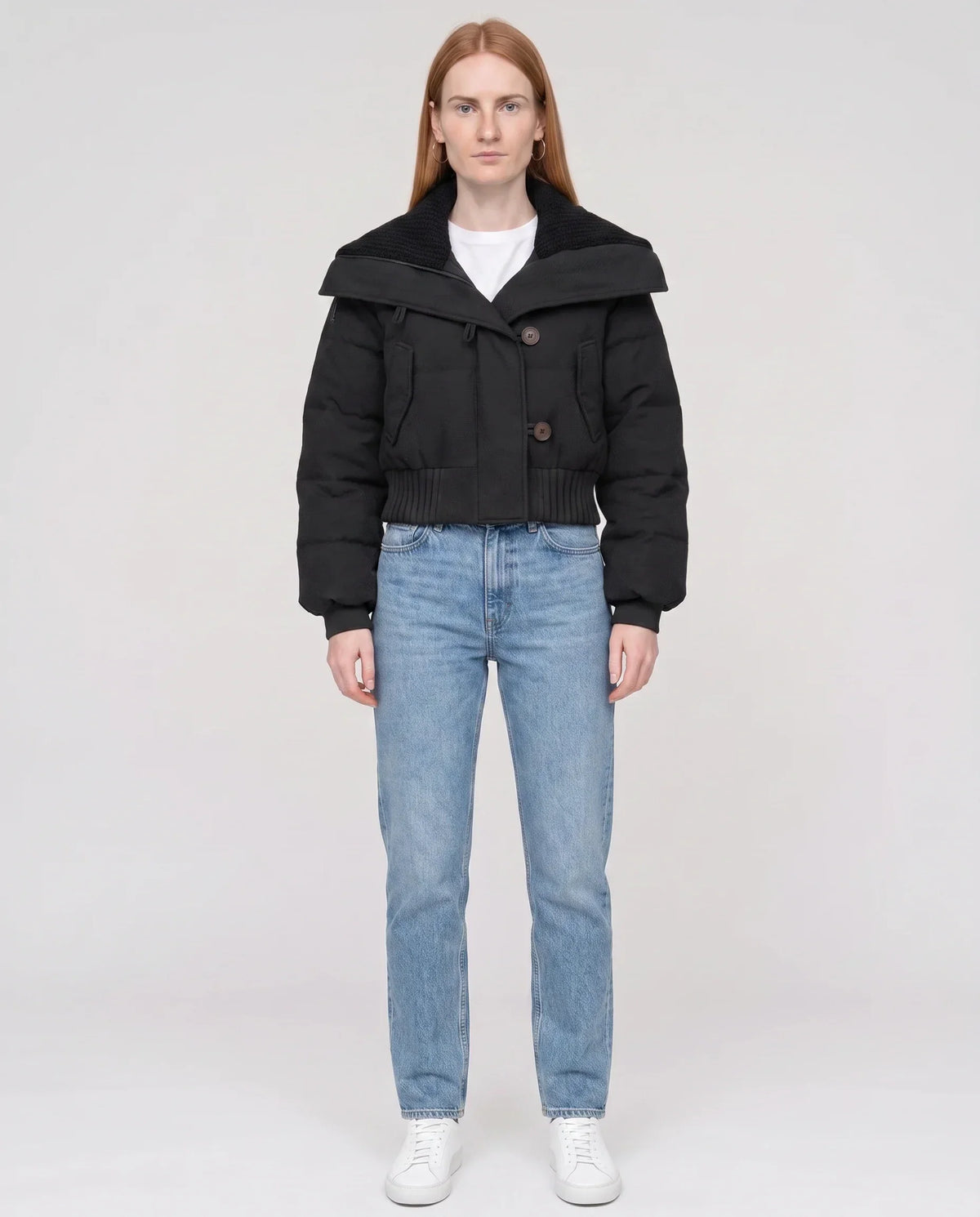 Short Puffer Jacket with Knit Collar and Buttons