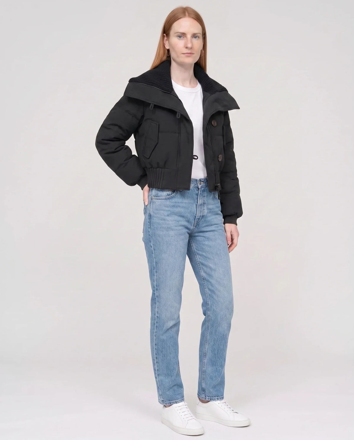Short Puffer Jacket with Knit Collar and Buttons