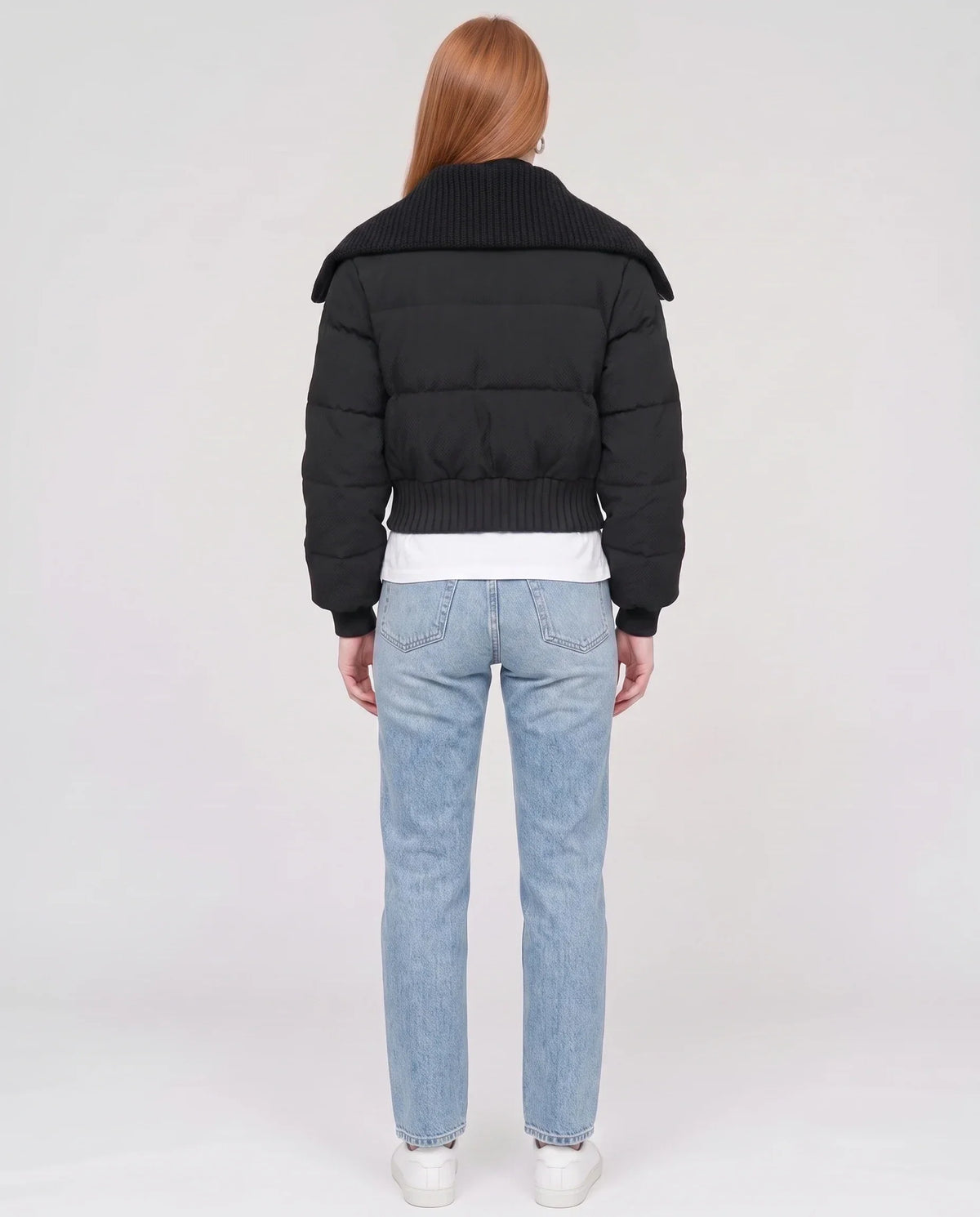 Short Puffer Jacket with Knit Collar and Buttons