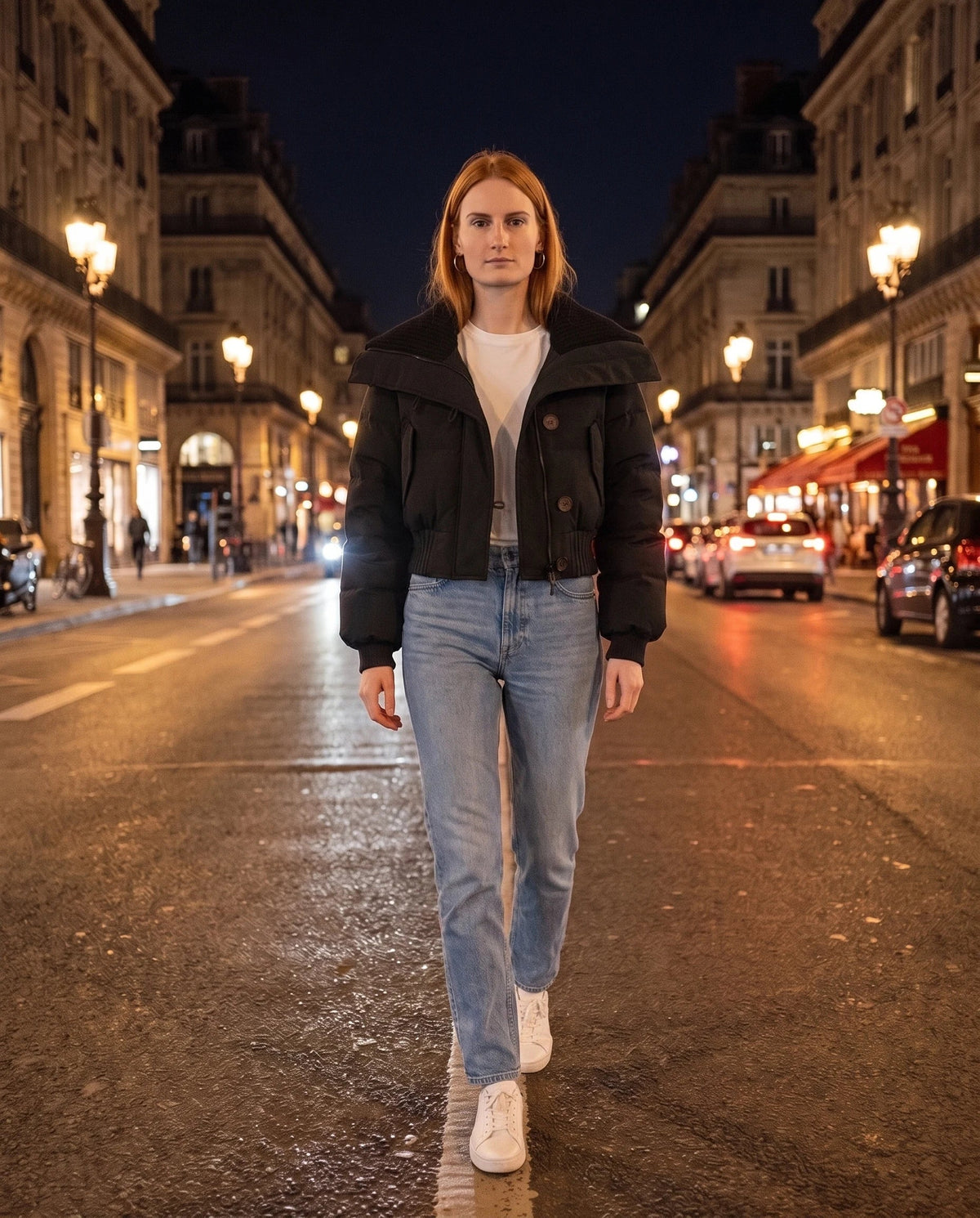 Short Puffer Jacket with Knit Collar and Buttons