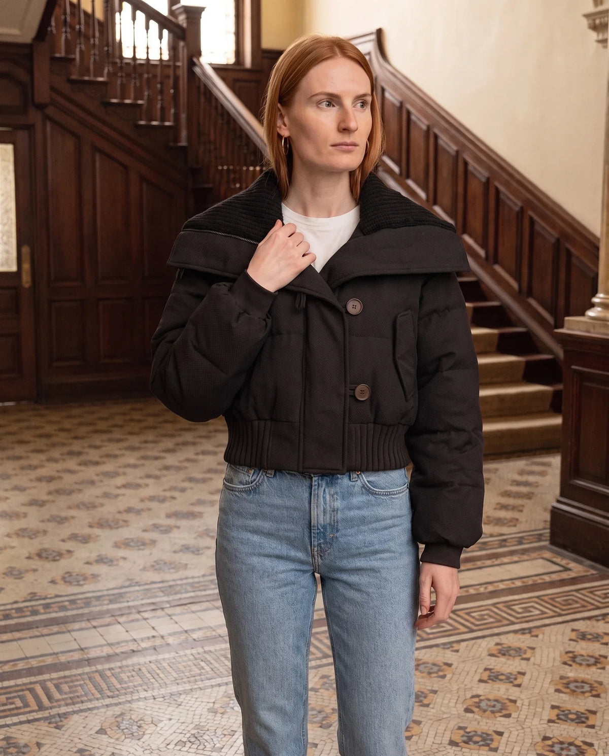 Short Puffer Jacket with Knit Collar and Buttons