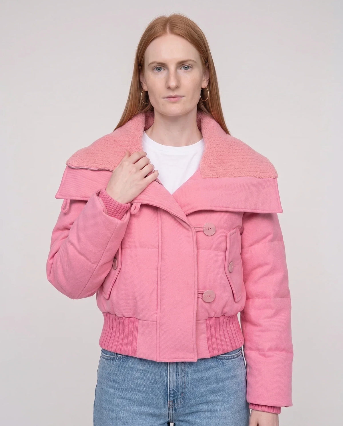 Short Puffer Jacket with Knit Collar and Buttons