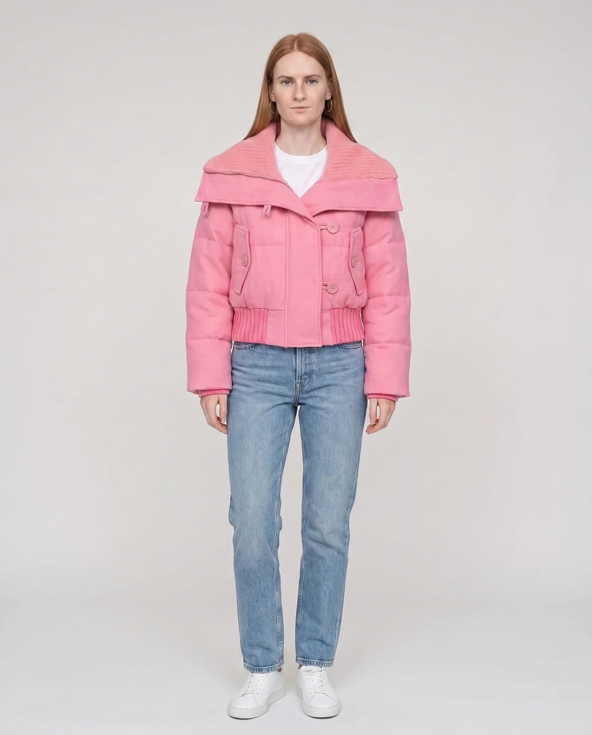 Short Puffer Jacket with Knit Collar and Buttons