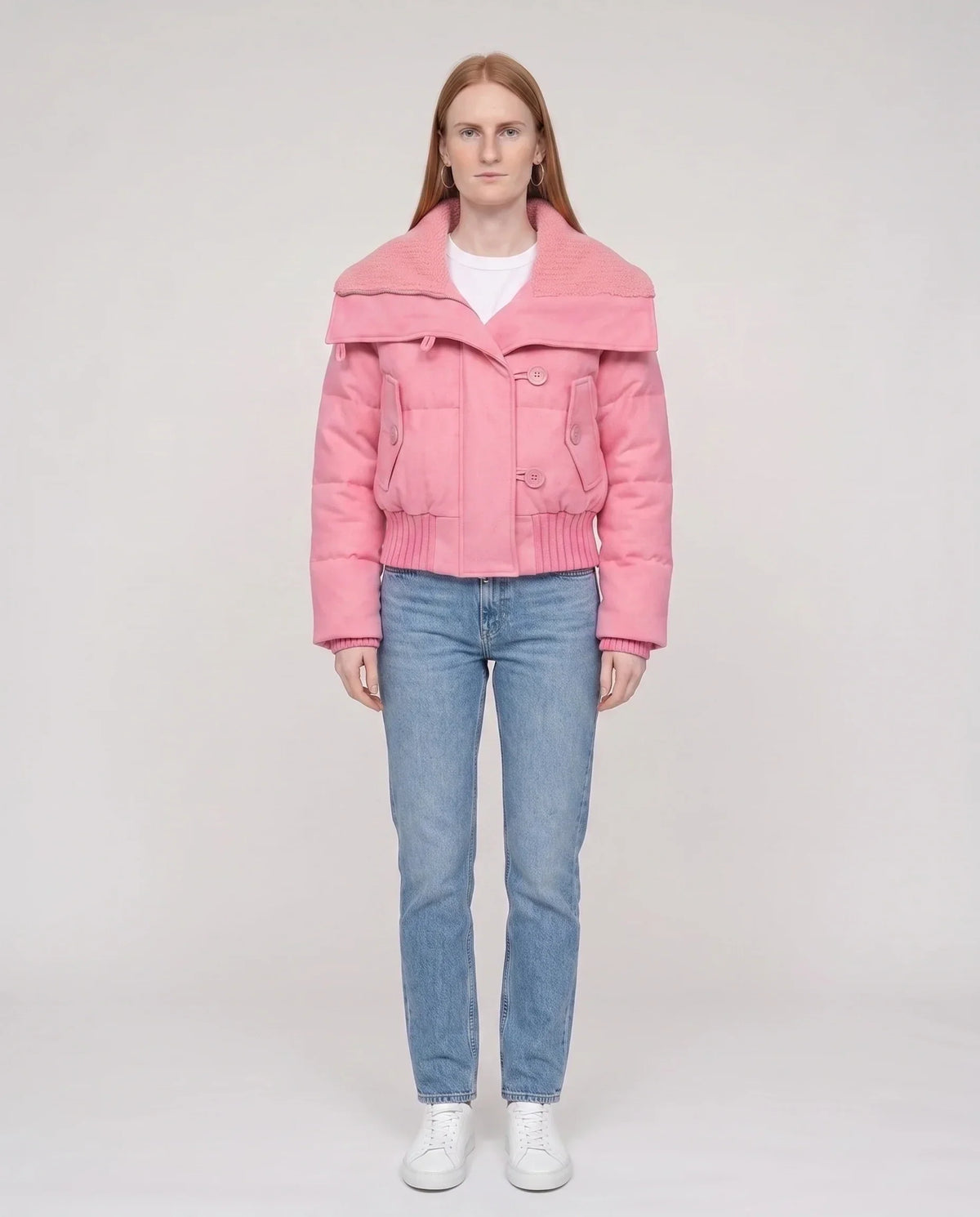 Short Puffer Jacket with Knit Collar and Buttons