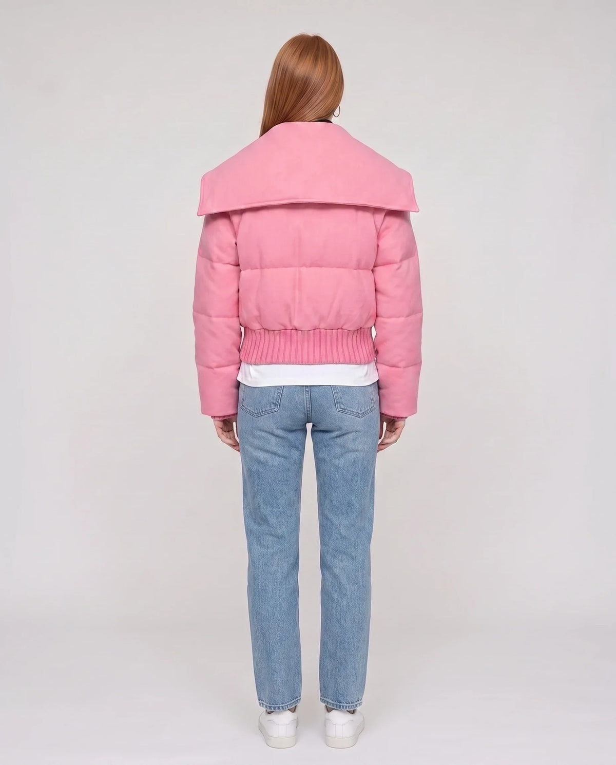 Short Puffer Jacket with Knit Collar and Buttons