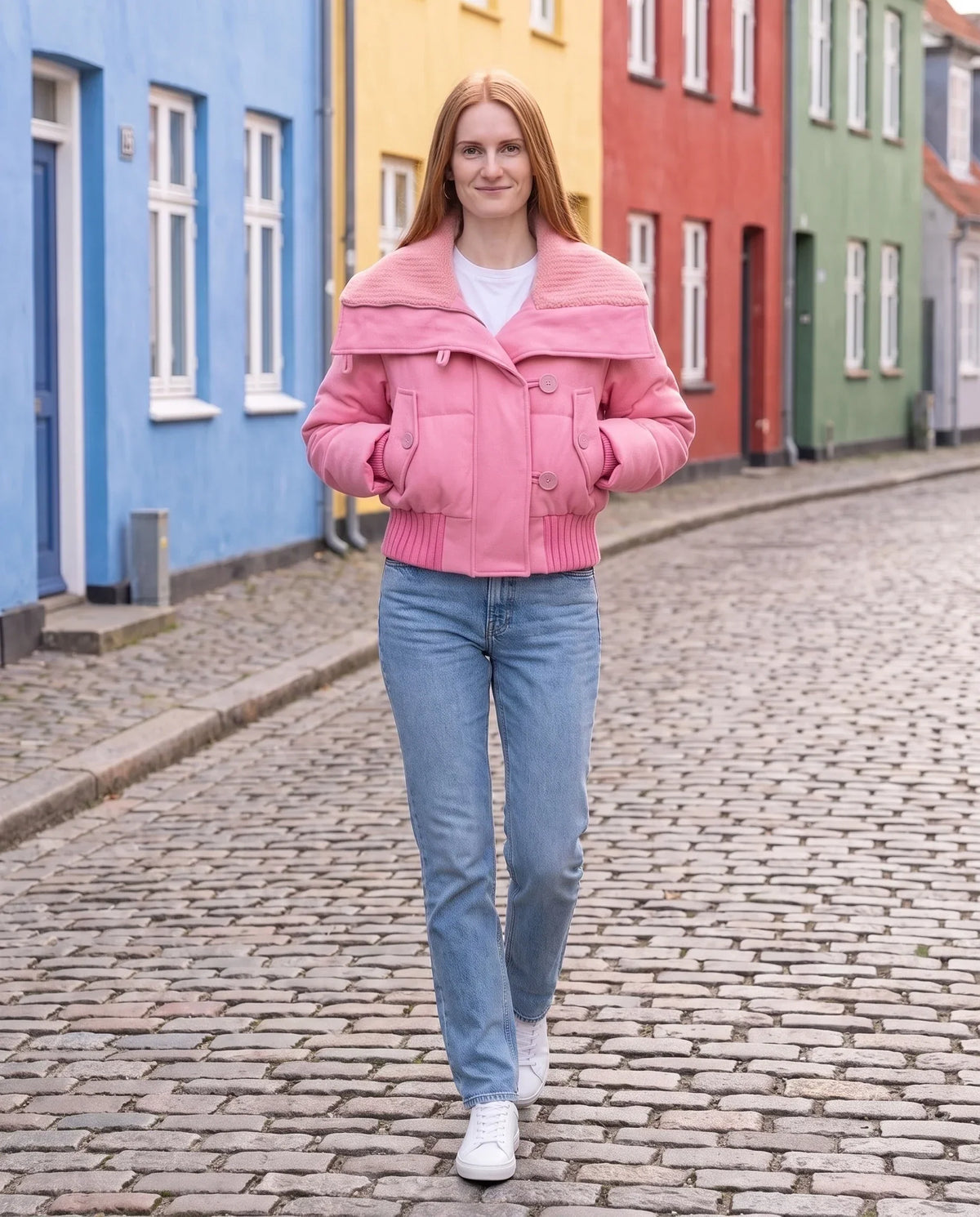 Short Puffer Jacket with Knit Collar and Buttons