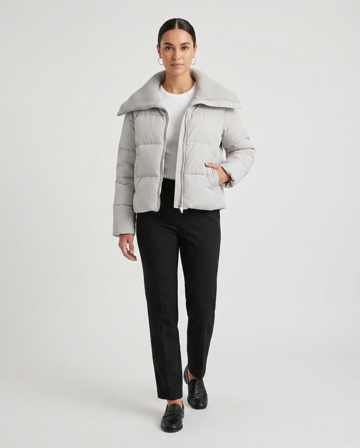 Short Puffer Jacket with Knitted Collar
