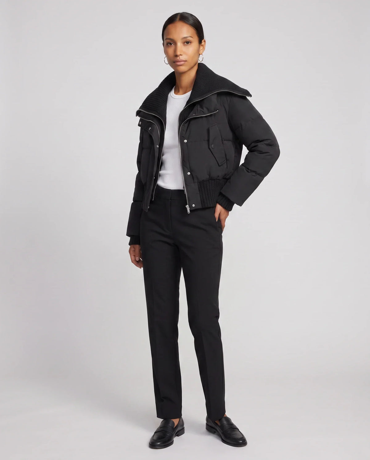 Short Puffer Jacket with Knitted Collar
