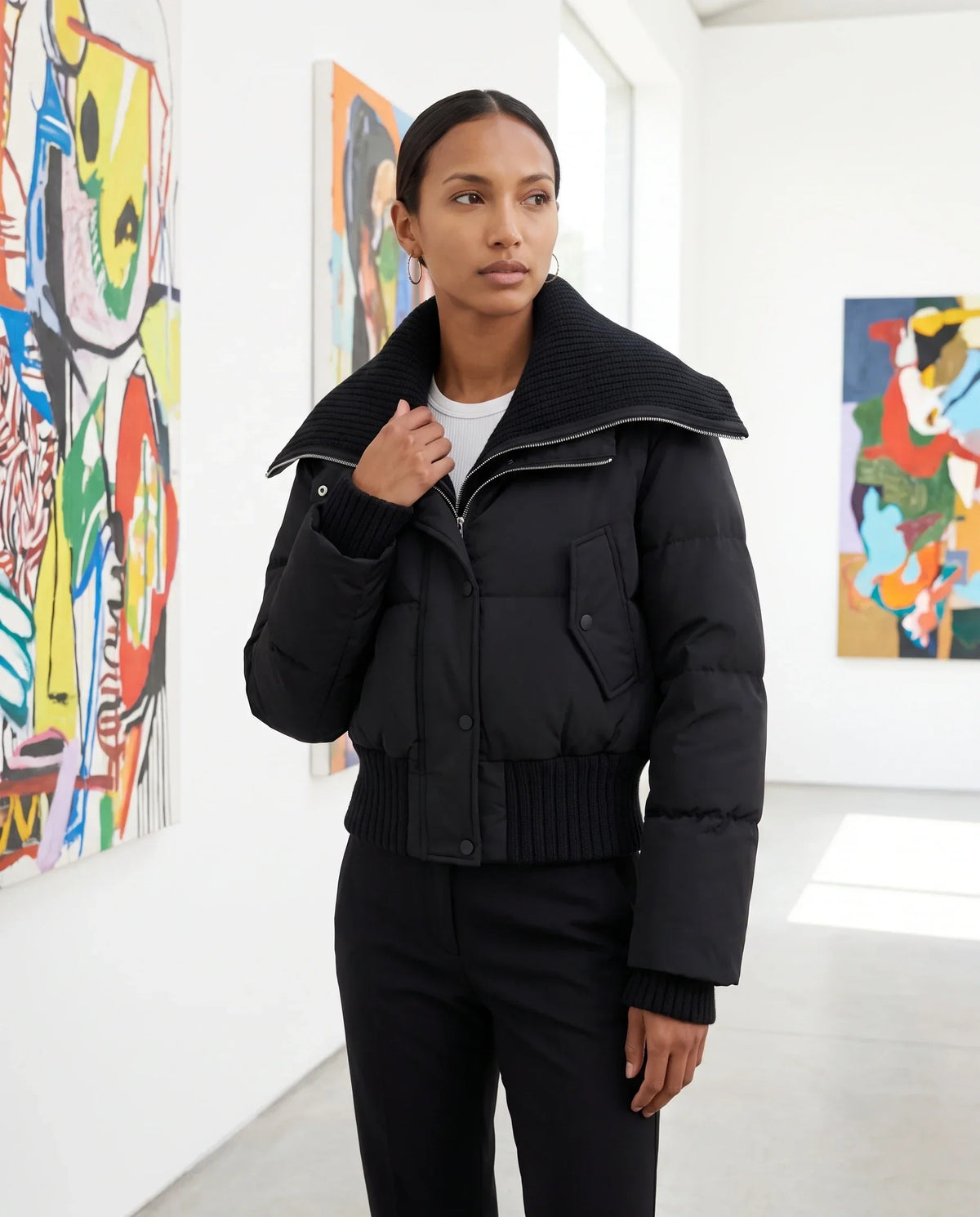 Short Puffer Jacket with Knitted Collar
