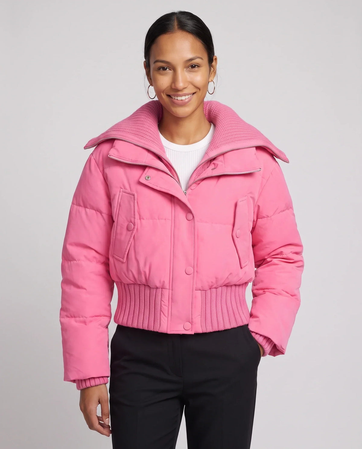 Short Puffer Jacket with Knitted Collar