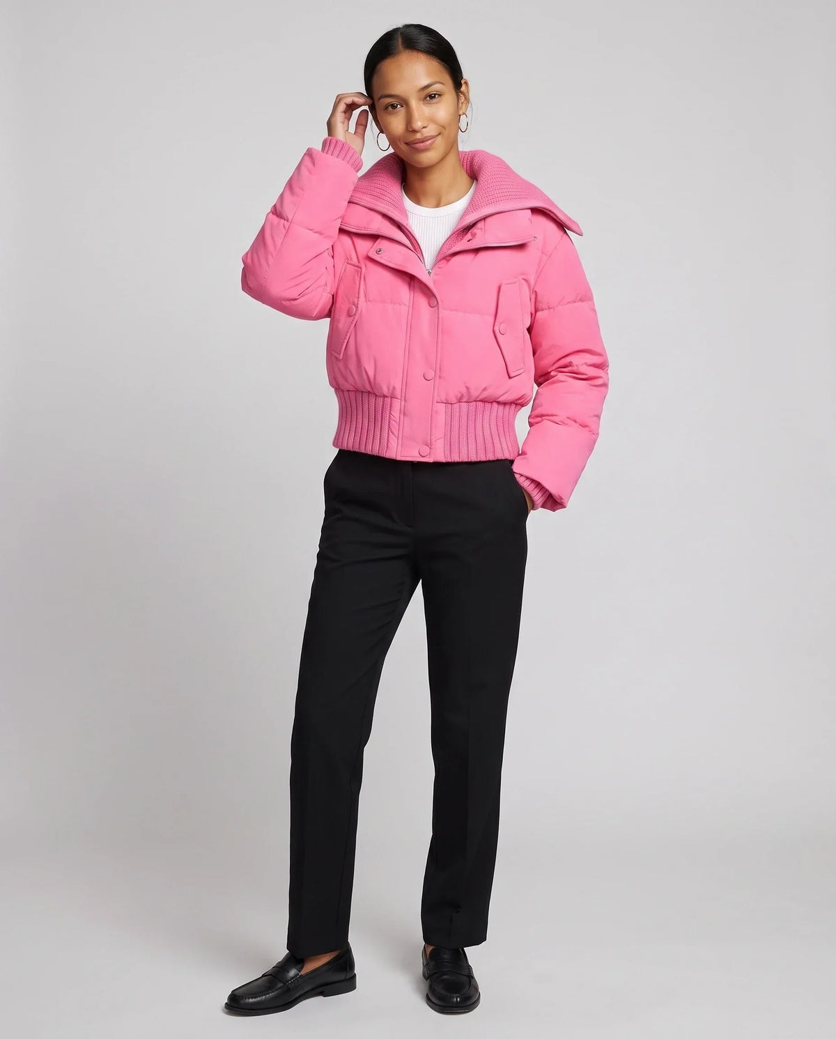 Short Puffer Jacket with Knitted Collar