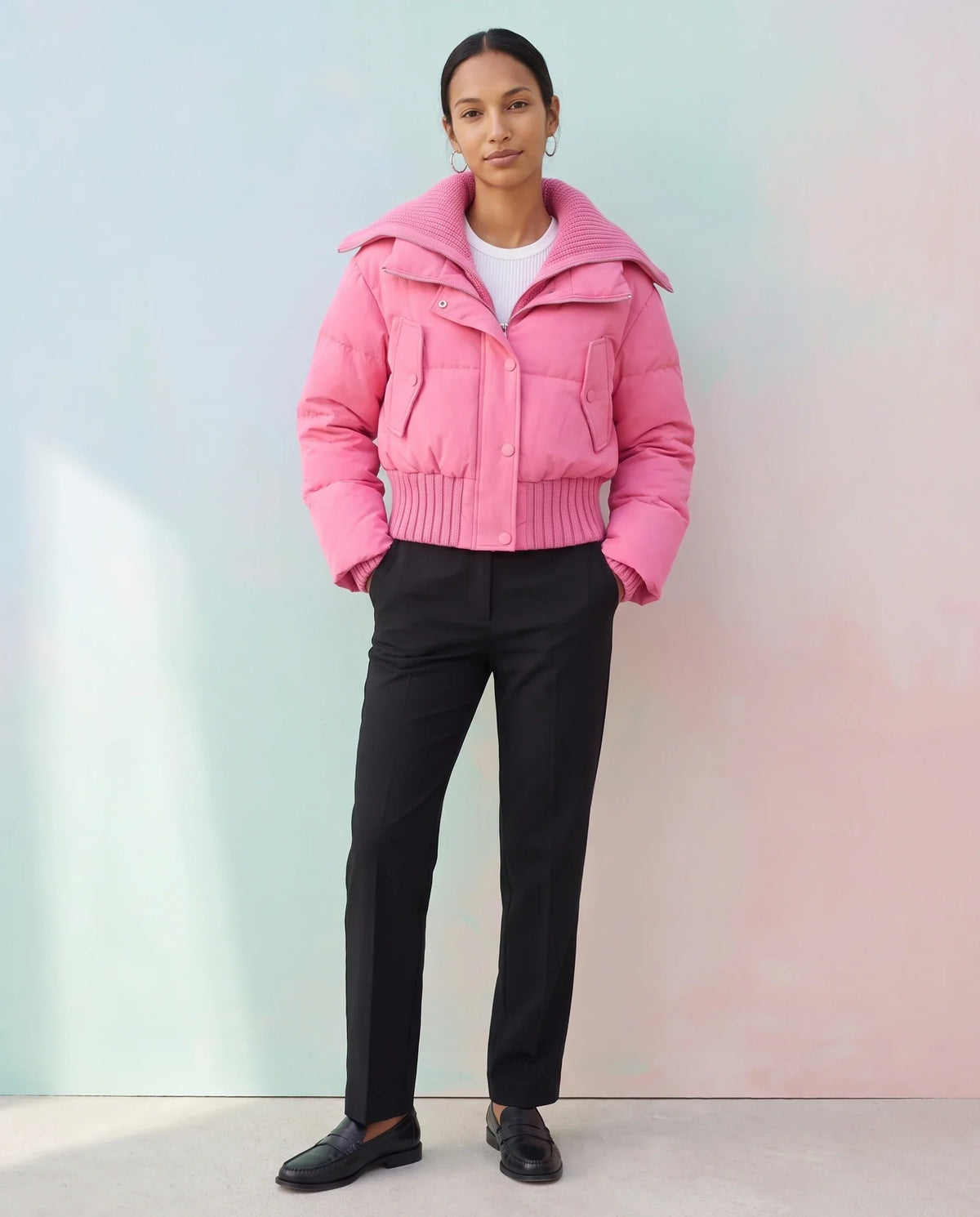 Short Puffer Jacket with Knitted Collar