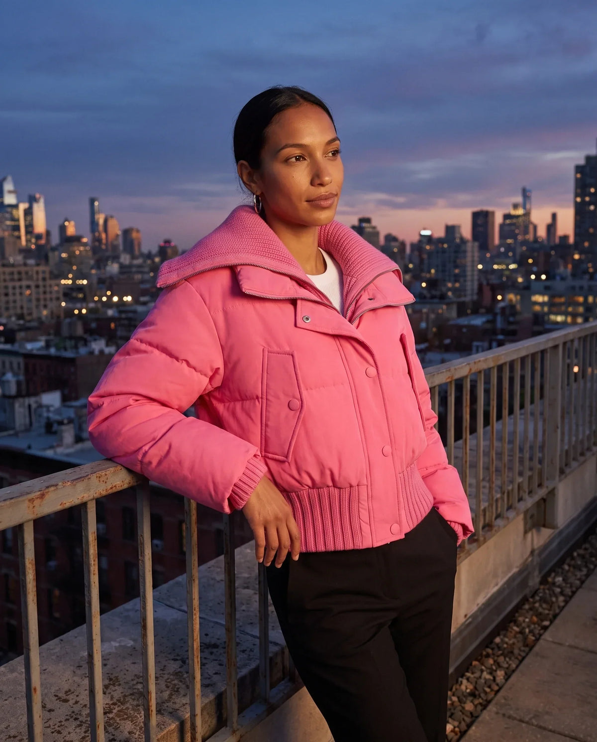 Short Puffer Jacket with Knitted Collar