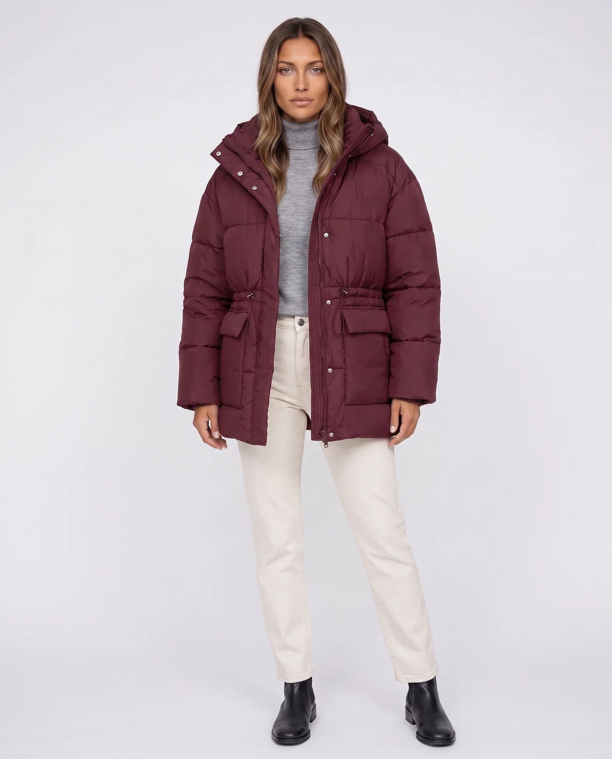 Oversized Hooded Puffer Jacket with Drawcord Waist