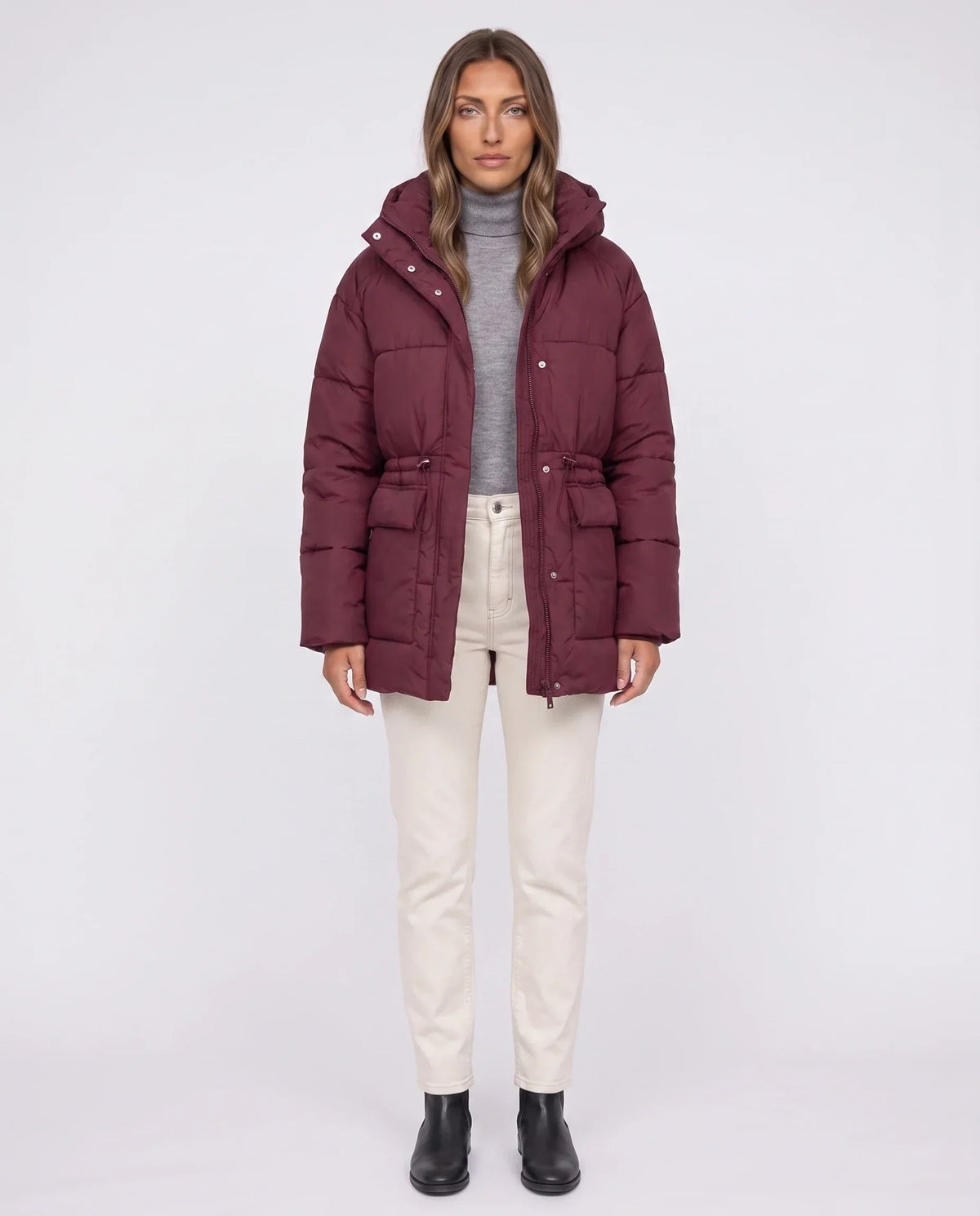 Oversized Hooded Puffer Jacket with Drawcord Waist