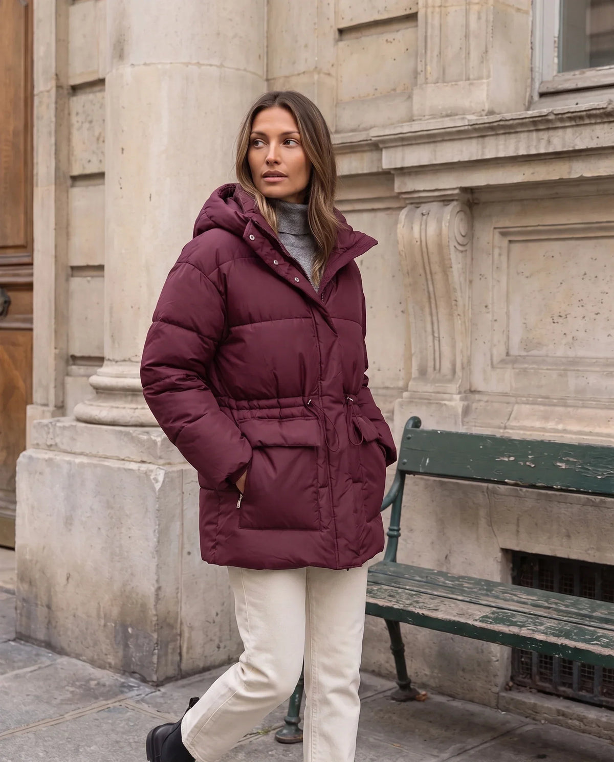 Oversized Hooded Puffer Jacket with Drawcord Waist