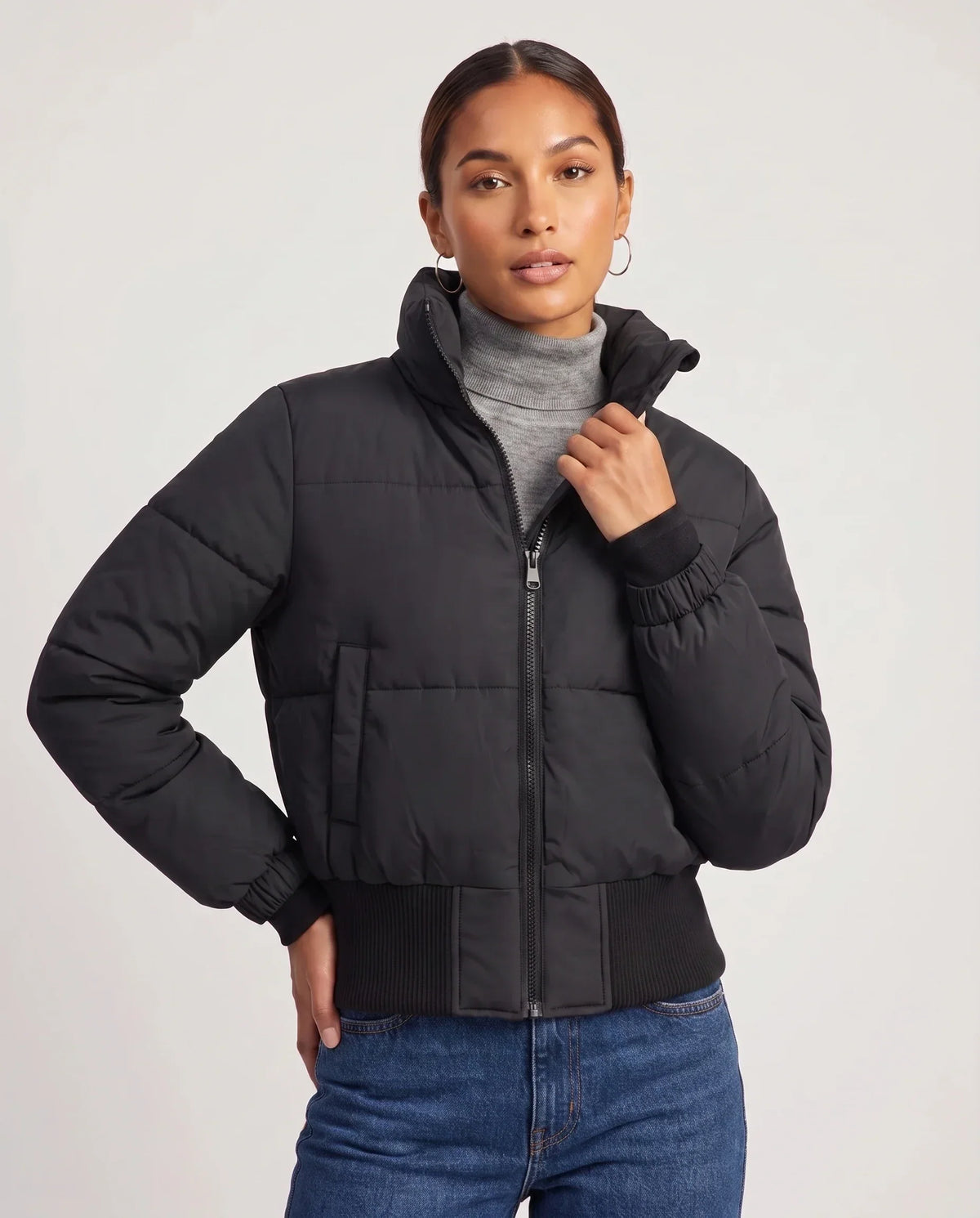 Short Black Puffer Jacket with Ribbed Hem