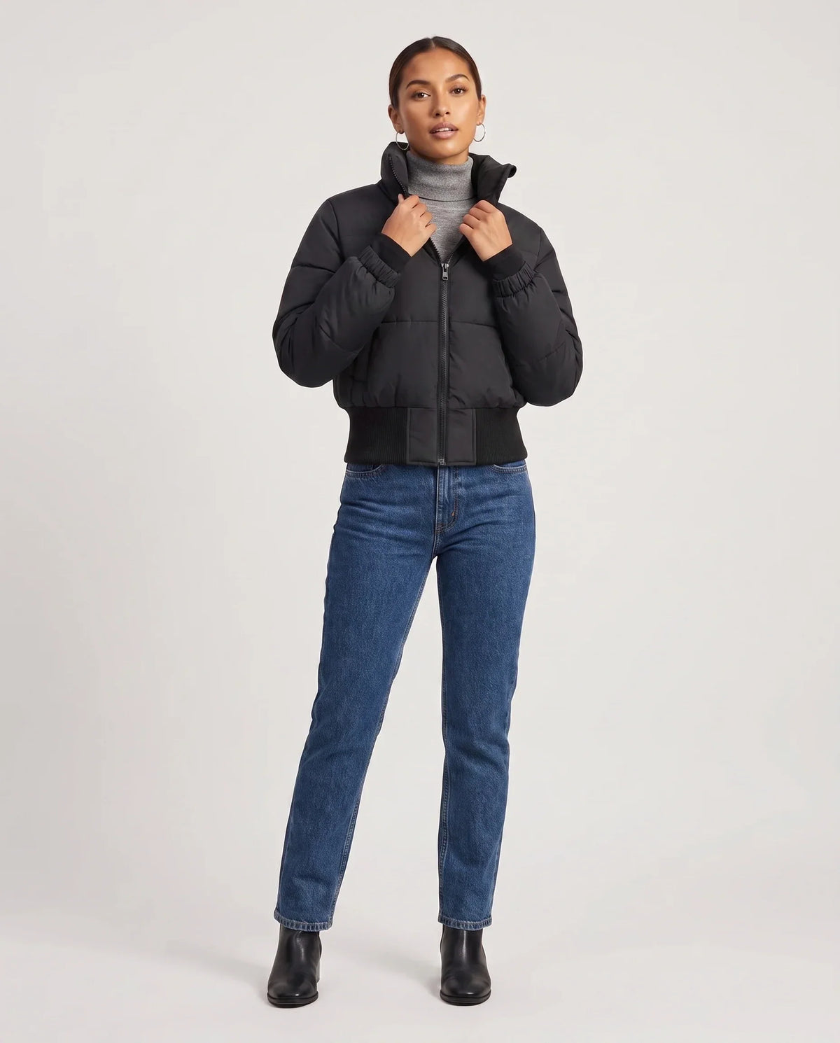 Short Black Puffer Jacket with Ribbed Hem