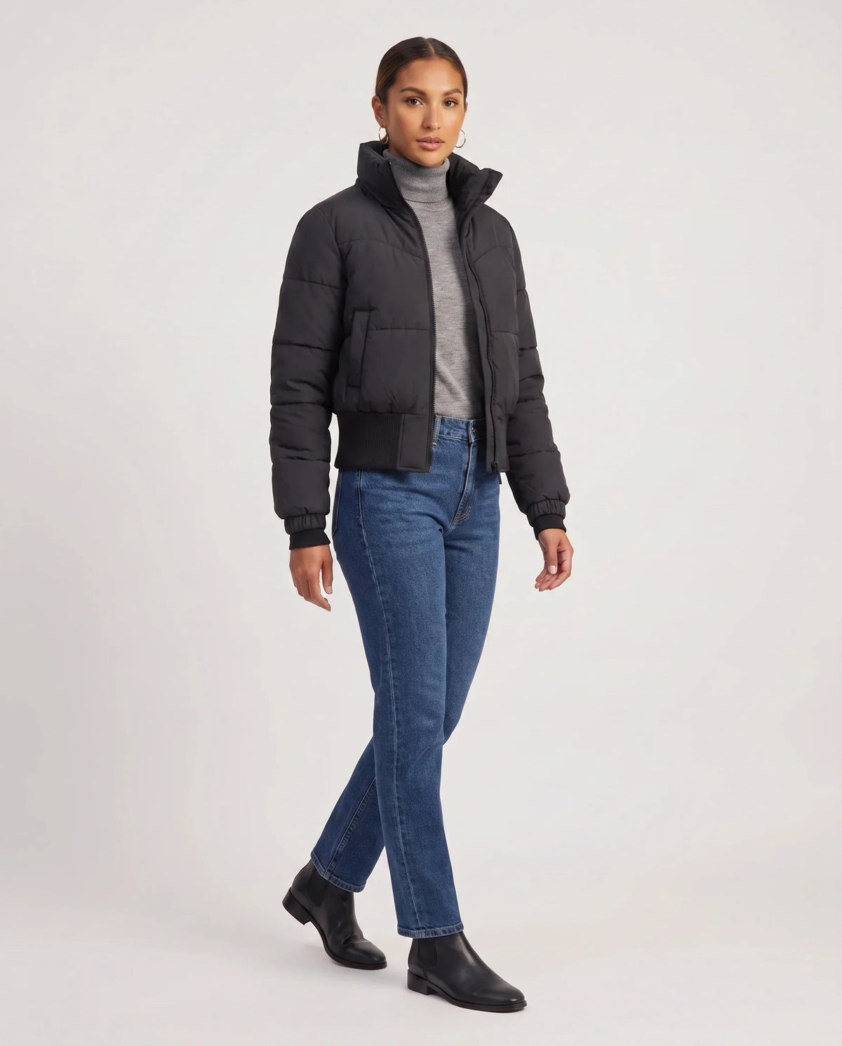Short Black Puffer Jacket with Ribbed Hem