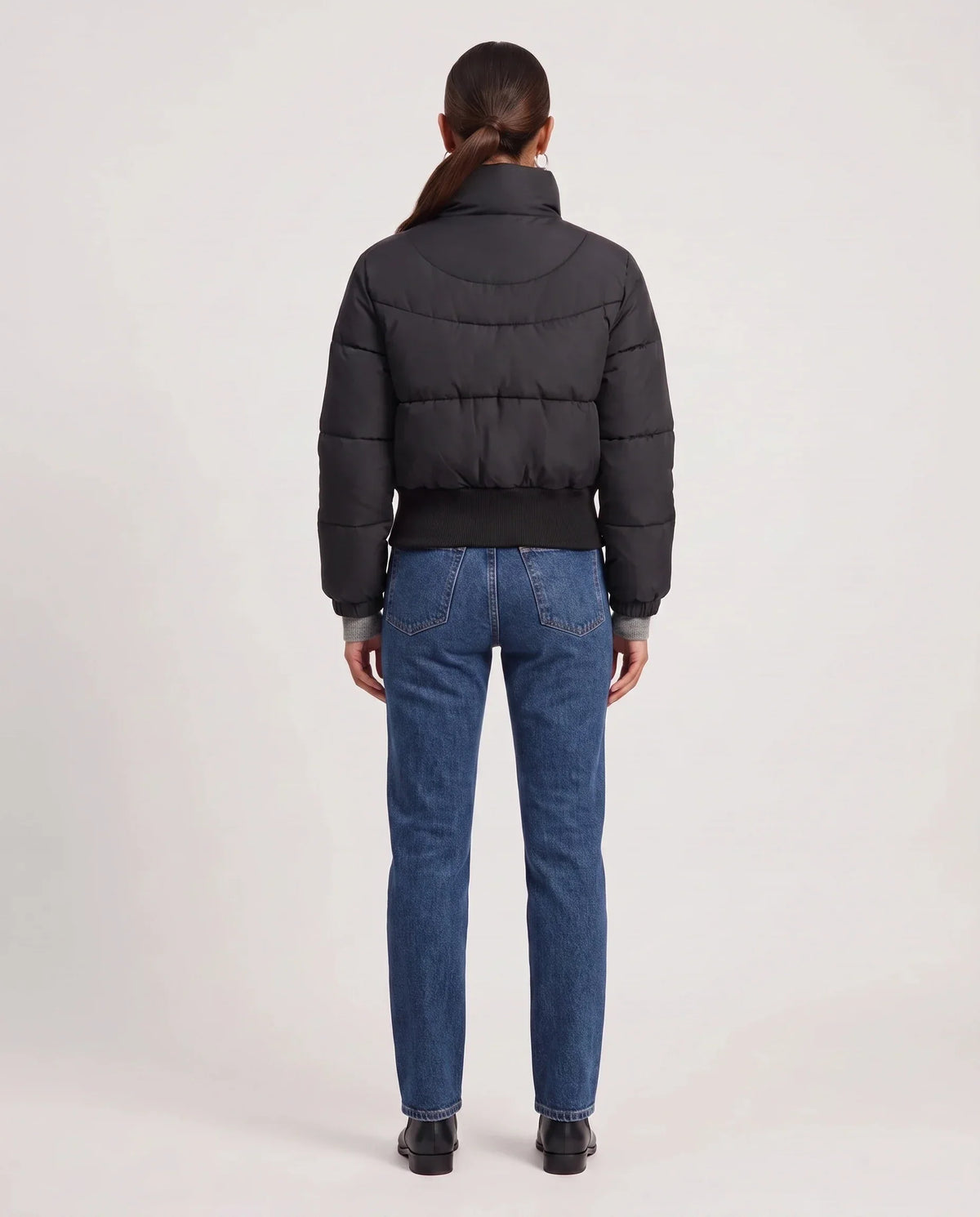 Short Black Puffer Jacket with Ribbed Hem
