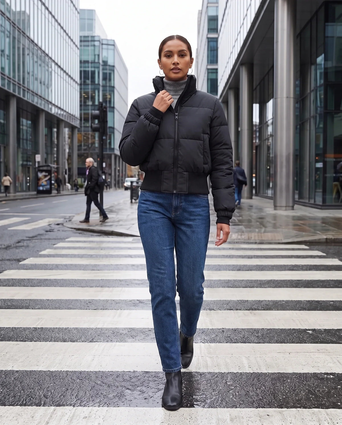 Short Black Puffer Jacket with Ribbed Hem