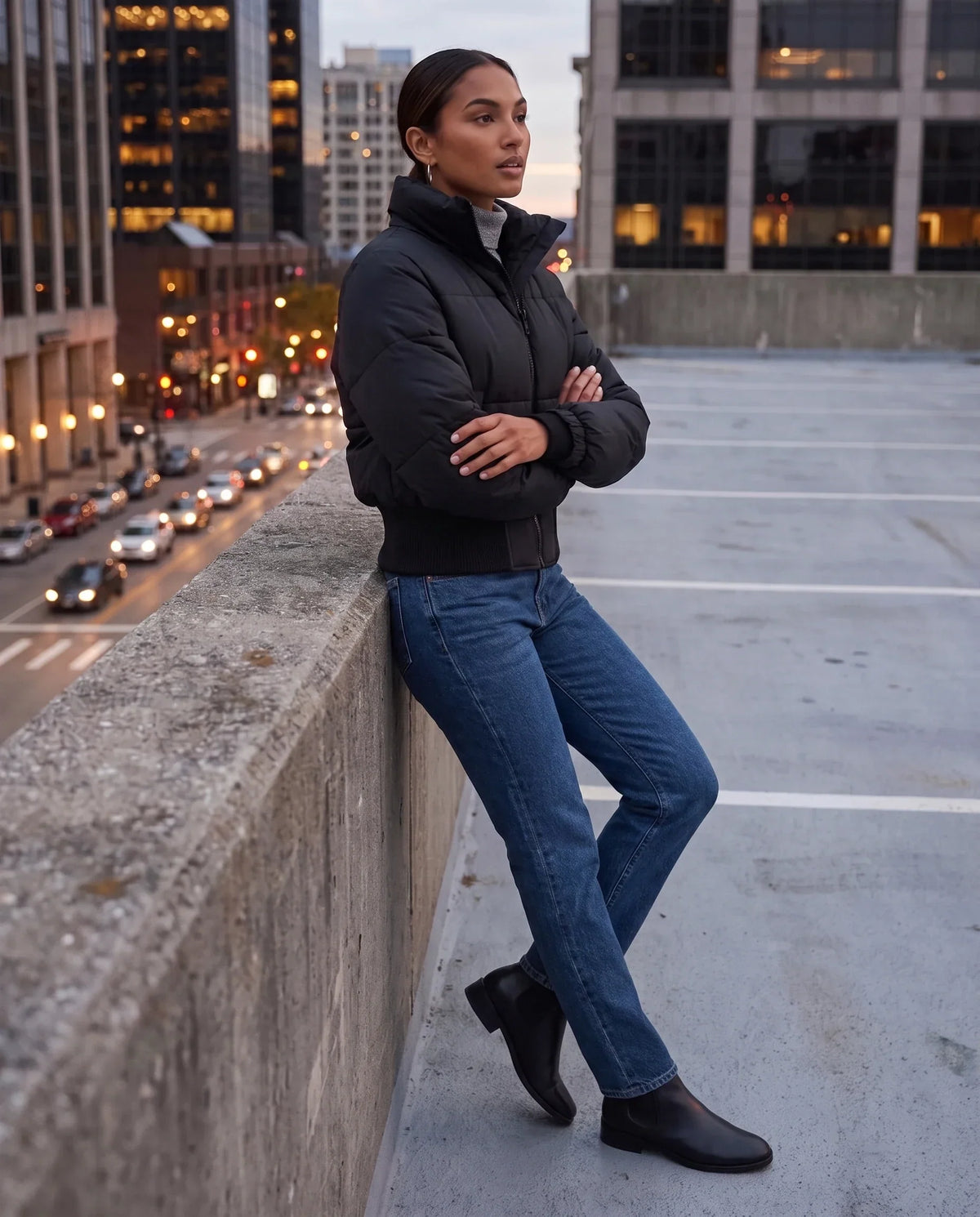 Short Black Puffer Jacket with Ribbed Hem