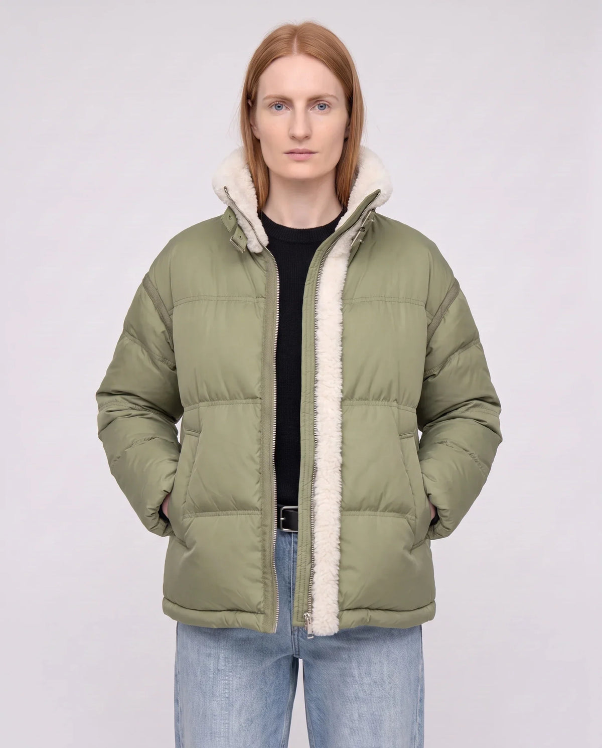 Short Oversized Puffer Jacket with Sherpa Trim
