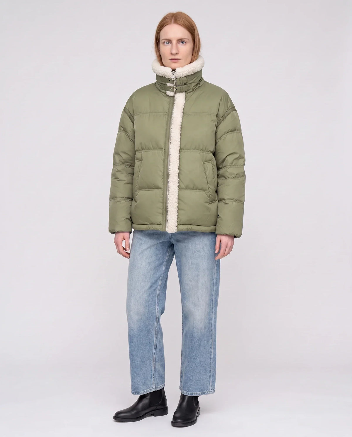 Short Oversized Puffer Jacket with Sherpa Trim
