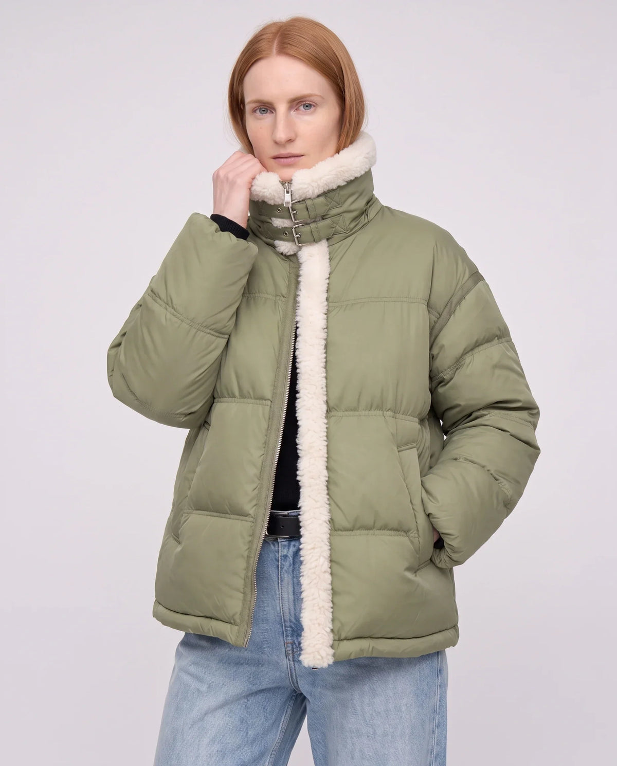 Short Oversized Puffer Jacket with Sherpa Trim