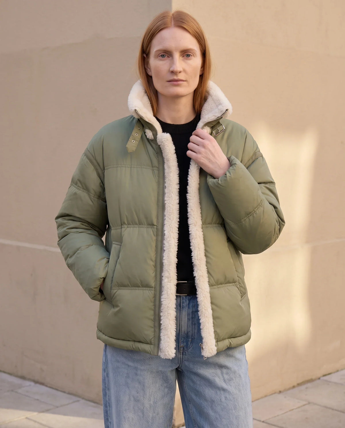 Short Oversized Puffer Jacket with Sherpa Trim