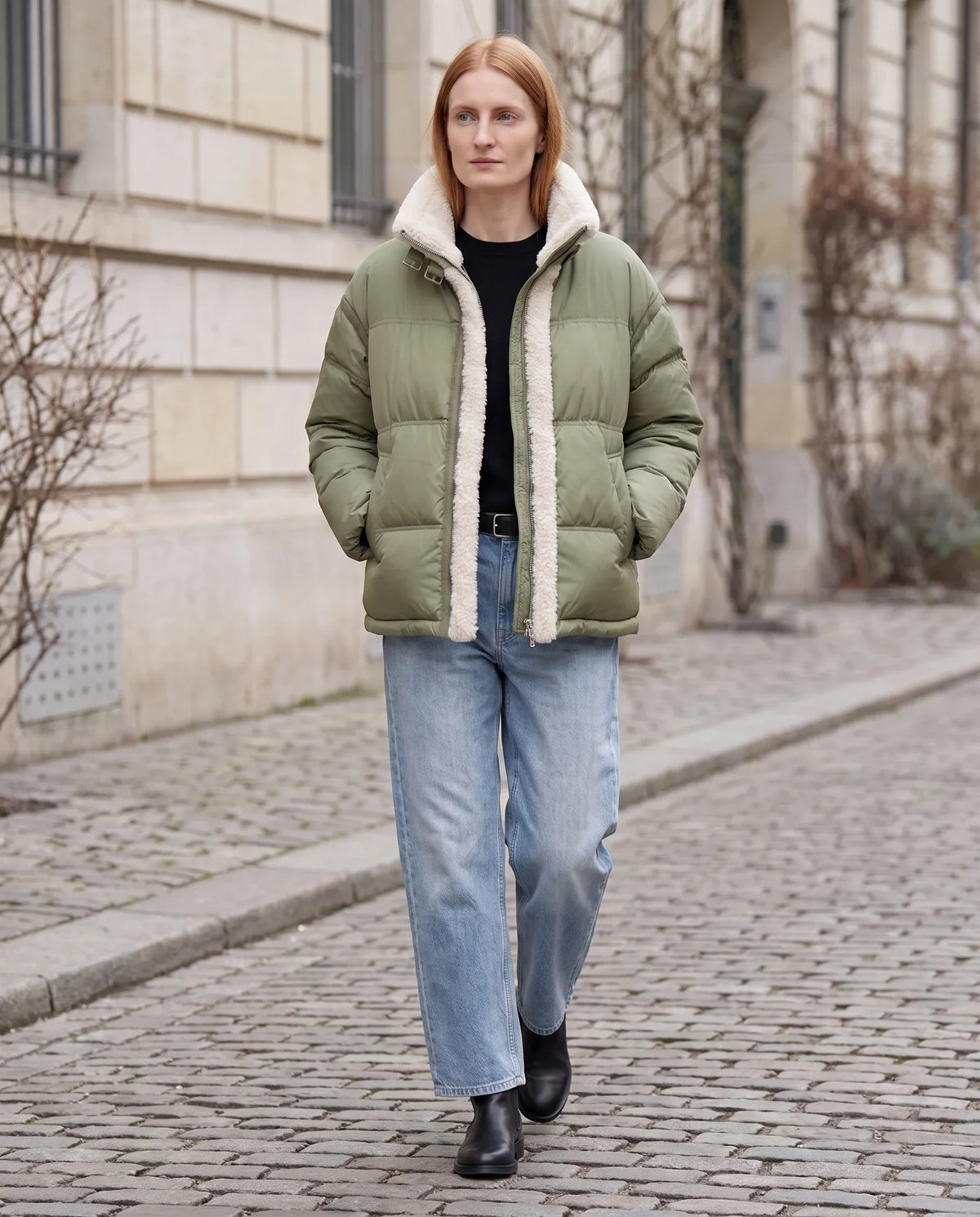 Short Oversized Puffer Jacket with Sherpa Trim