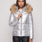 Short Shiny Puffer Jacket with Faux Fur Hood