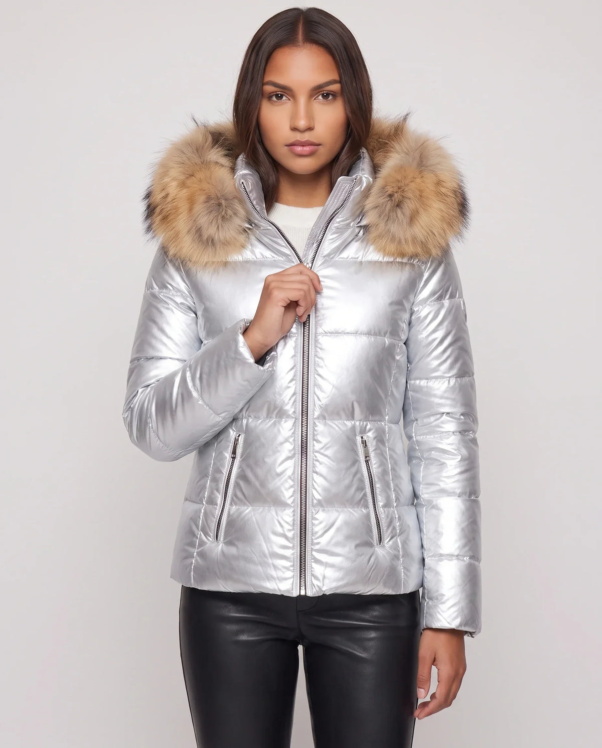 Short Shiny Puffer Jacket with Faux Fur Hood