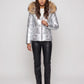 Short Shiny Puffer Jacket with Faux Fur Hood