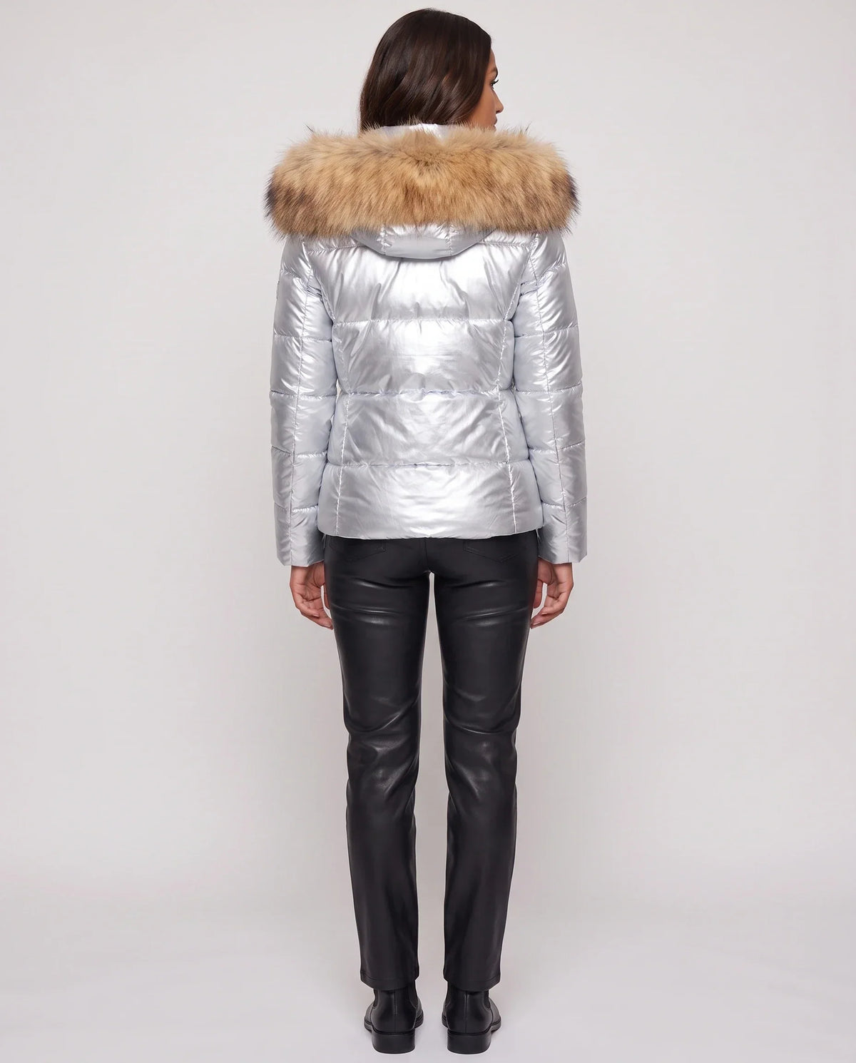 Short Shiny Puffer Jacket with Faux Fur Hood