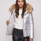 Short Shiny Puffer Jacket with Faux Fur Hood