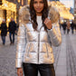 Short Shiny Puffer Jacket with Faux Fur Hood