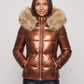 Short Shiny Puffer Jacket with Faux Fur Hood