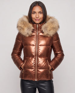 Short Shiny Puffer Jacket with Faux Fur Hood
