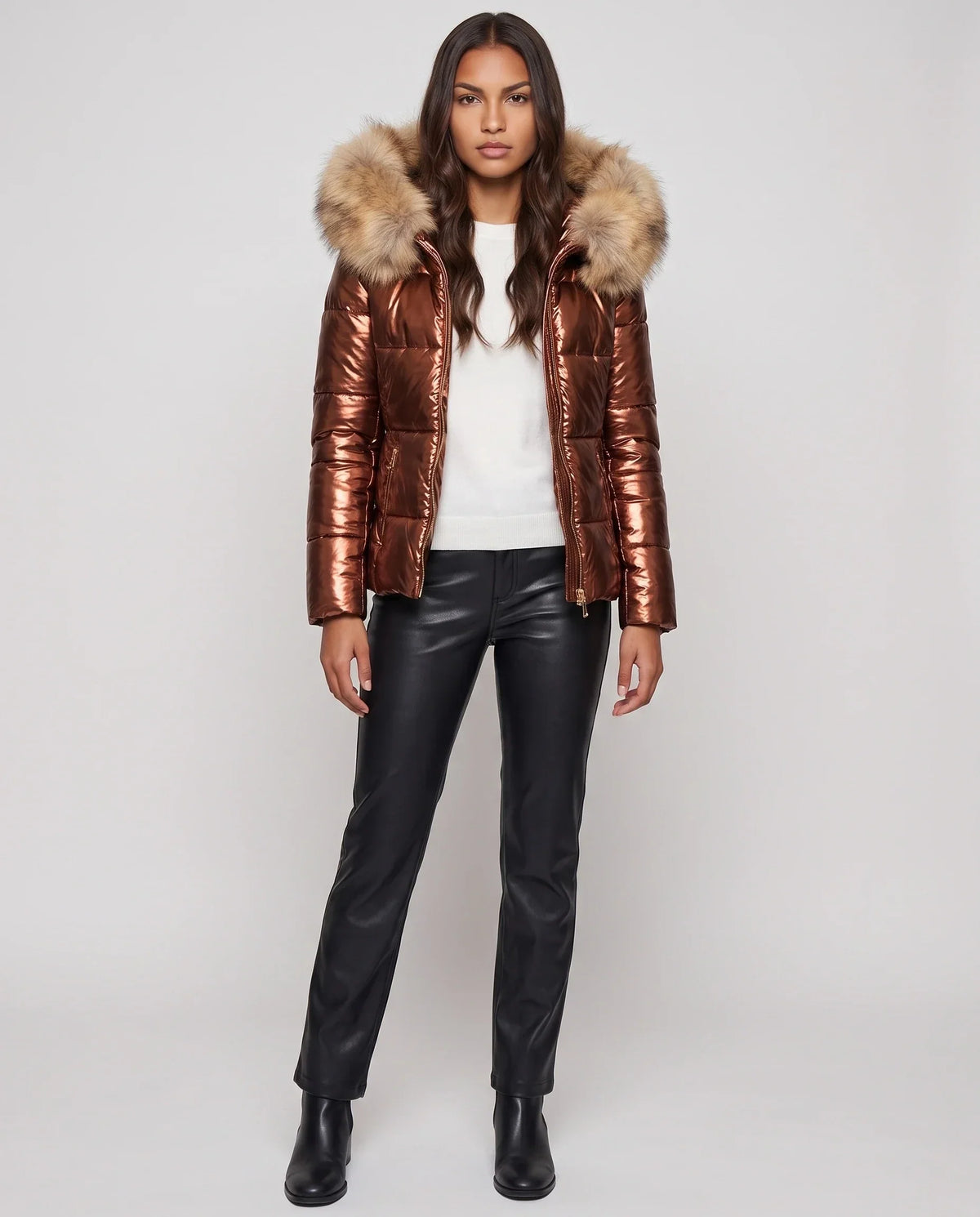 Short Shiny Puffer Jacket with Faux Fur Hood
