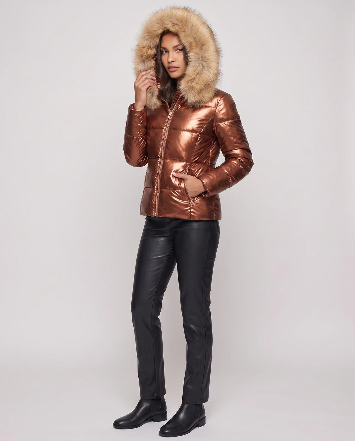 Short Shiny Puffer Jacket with Faux Fur Hood