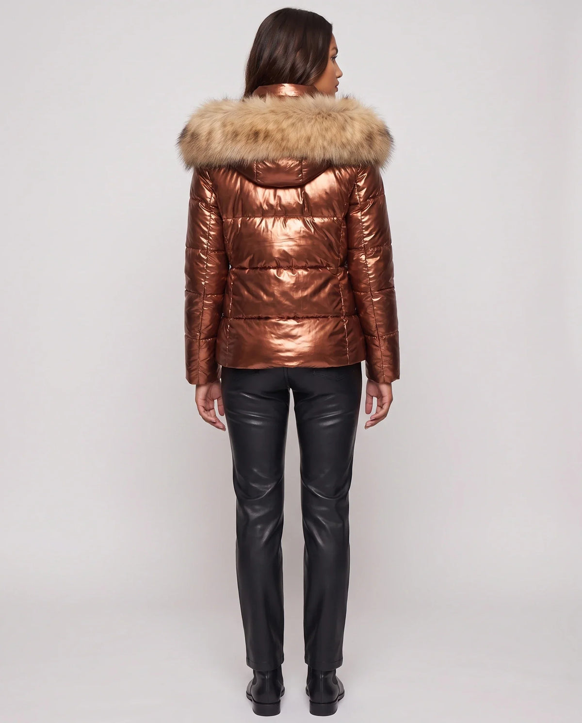 Short Shiny Puffer Jacket with Faux Fur Hood