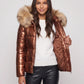 Short Shiny Puffer Jacket with Faux Fur Hood